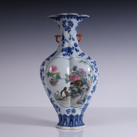A Qing blue pink color "living and working in peace and contentment" appreciation bottle