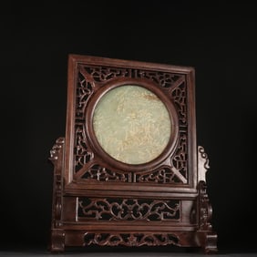 A wooden screen of Qing Dynasty Hetian jade pinching gold silk landscape poetry