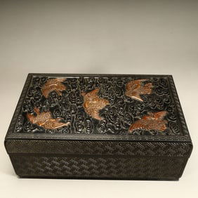 A Qing Dynasty mahogany inlaid boxwood cloud crane pattern lid box