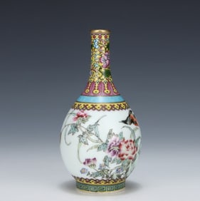 A Qing Dynasty Qianlong enamel flower and bird gall bottle