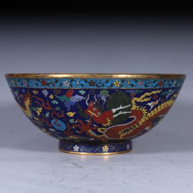 A Qing Dynasty copper tire cloisonné enamel double dragon bead pattern bowl