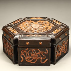 A Qing Dynasty rosewood inlaid boxwood Fushou Eight Treasure Pattern Collection