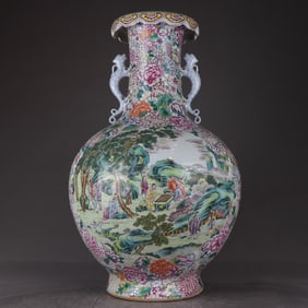 A Qing Dynasty Qianlong pastel hundred flowers open window character story dragon ear Kuikou bottle