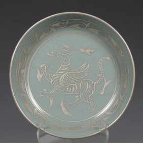 A Song Ru kiln azure glaze silver beast pattern plate