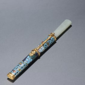 A Qing Dynasty cloisonné enamel colored jade handle dagger