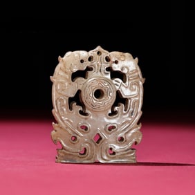 A Han Dynasty Shijiahe white jade gray skin double tiger pendant