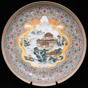 A piece of Qing Dynasty Qianlong Guyuexuan Heavy Industry Pastel Painted Landscape Pavilion