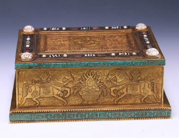 A Buddhist copper-gilt inlaid pearl inlaid tourmaline pearl Buddha statue scripture book box