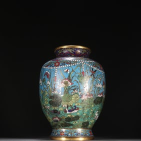 A Qing Dynasty copper-gilt cloisonné lotus pond picture vase