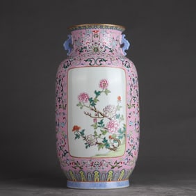 A Qing Dynasty Qianlong color pink ground passionflower entwined branch window flower pattern