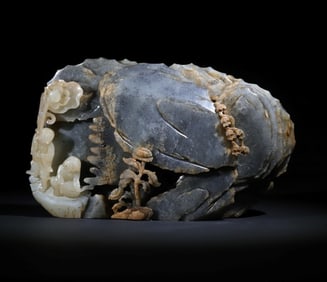 A piece of Qing Dynasty Qianlong Hetian seed material blue and white carving and box two immortal