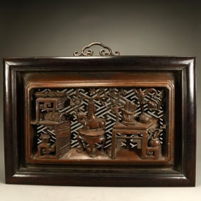 A piece of Qing Dynasty mahogany frame rosewood inlaid Bogu Qing offering pattern hanging screen