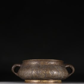 A Ming Dynasty Xuande copper tire character story dim ear incense burner