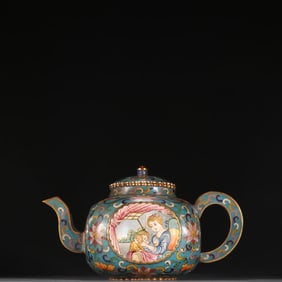 A Qing Dynasty copper gilt cloisonné painting enamel window story teapot