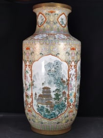 A piece of Qing Dynasty Qianlong enamel colored gold ground ancient moon pavilion open window