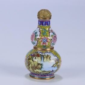 A piece of Qianlong year copper tire painting enamel color entwined flower window landscape pattern