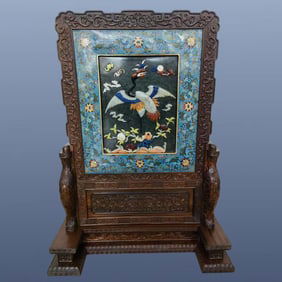 A Qing Dynasty Huanghuali jasper cloisonné enamel inlaid "court screen"