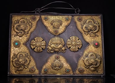 A Qing Dynasty heavenly iron inlaid copper wall hanging