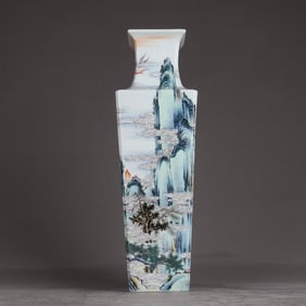 A Qing Dynasty Qianlong pastel landscape pattern square bottle