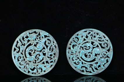 A pair of ancient pine and stone jade