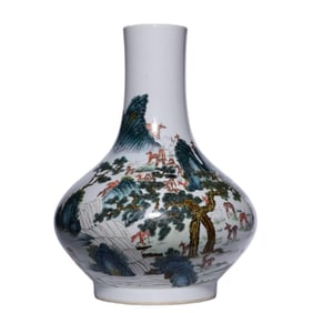 A Qing Dynasty Qianlong year pastel hundred deer picture water chestnut bottle