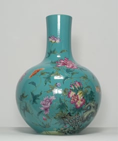 A Qing Dynasty Yongzheng enamel colored turquoise green butterfly love poppy beauty poetry Tianqiu