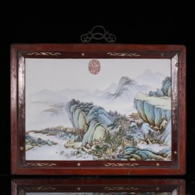 A pastel landscape porcelain plate hanging screen in the middle of the Qing Dynasty