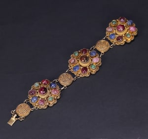 A late Qing Dynasty silver-gilt filigree tourmaline gemstone bracelet