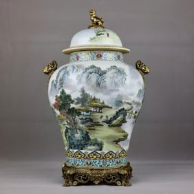 A pastel landscape inlaid with a bronze sheep's head amphora