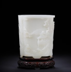 A Qing Dynasty Hetian jade landscape figure pen holder