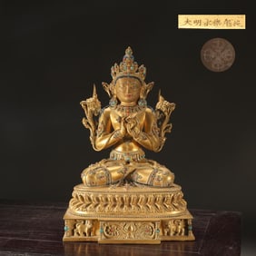 A seated statue of the Ming Dynasty cast copper tire gilt Prajna Buddha Mother