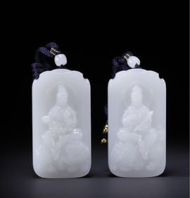 A pair of Hetian jade Manjushri Puxian jade cards