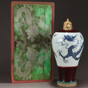 A Yuanji red glaze left blank engraved blue and white dragon pattern plum vase