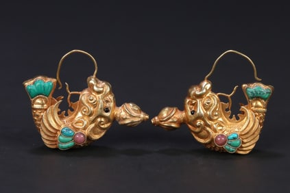 A pair of silver-gilt treasure fish dragon earrings