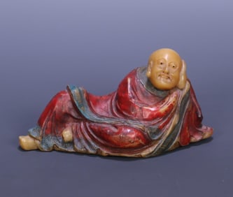 A Qing Dynasty Shoushan stone painted Arhat statue