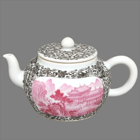 A Qing Dynasty Yongzheng ink color window agate red landscape attic teapot