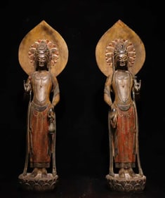 A pair of Northern Qi bluestone painted Guanyin