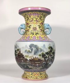 A Qing Dynasty Yongzheng enamel color pavilion pavilion landscape elephant ear vase