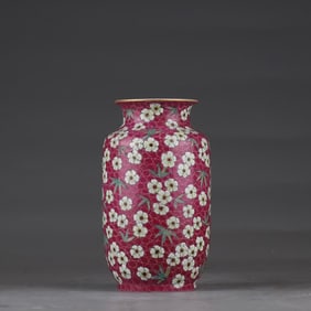 A Qing Dynasty Qianlong enamel carmine red background ice plum picture winter melon bottle