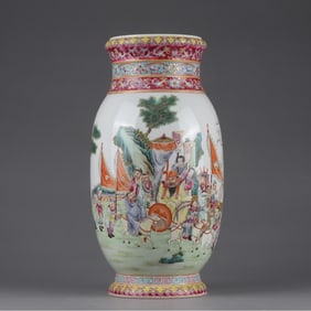 A Qing Qianlong pastel figure war general painted gold jar mouth bottle