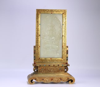 A piece of Qing Dynasty copper gilt Hetian jade thousand-handed Guanyin insert