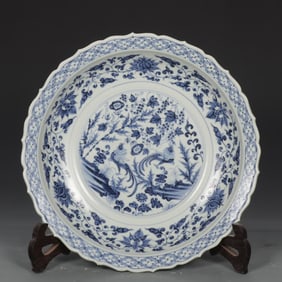 A piece of Yuan blue and white brocade chicken picture Kui mouth plate