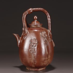 A Song Ding kiln purple gold glaze carved vine flower pattern beam pot