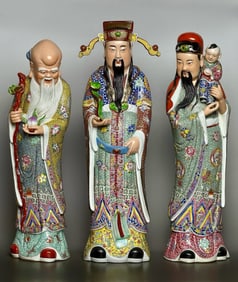 A set of pastel Fulu Shou three-star sculptures made by Zeng Longsheng in the Republic of China