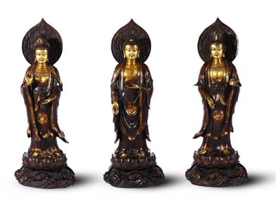 A set of Qing Dynasty precisely cast copper tire gilt Western Three Saints statues