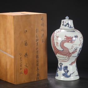 A Ming Dynasty Hongwu blue and white glaze red cloud dragon pattern cover plum bottle spring