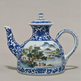 A blue and white entwined lotus pattern open-window landscape poetry pot made in the Qianlong period