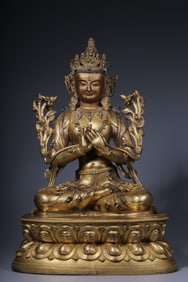 A seated statue of Tara in copper gilt in the Qing Dynasty