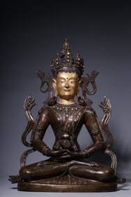 A seated statue of the Infinite Life Buddha with a gold face in Qing Dynasty alloy copper and silver