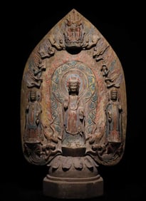 A piece of Qi Qingzhou painted three Buddha backrests